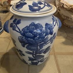 Vintage blue and white canisters jars
