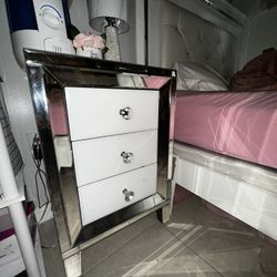 White Mirrored Glass Nightstand w/ Crystal Knobs  