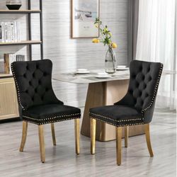 Set of 2 Black Velvet Tufted Dining Chairs with Gold Legs