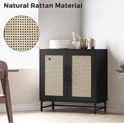 Black Sideboard Cabinet with Rattan Doors