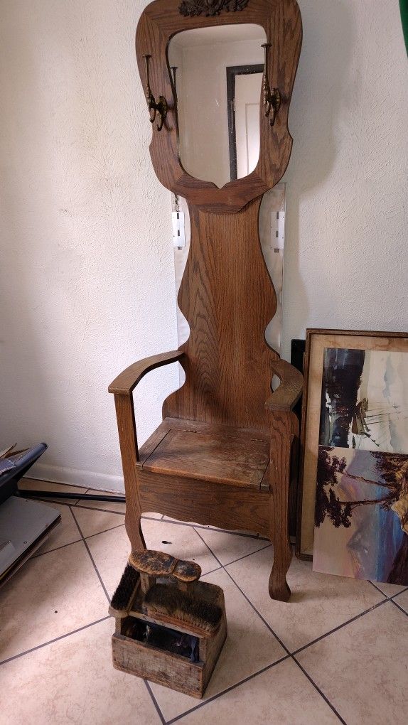 ntique/Vintage Hall Tree with Mirror Coat Rack Storage Bench