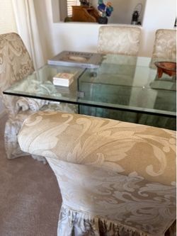 72” x 42” Beveled Glass Dining Table with 6 Upholstered Chairs