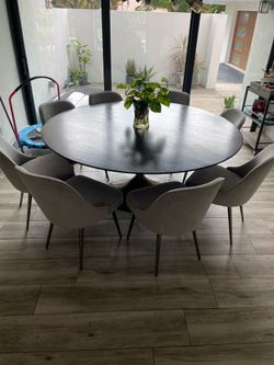 Modern Round Dining Table Set w/ 8 Velvet Chairs – Large Contemporary Dining Set