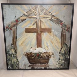 Hobby Lobby Nativity Framed Canvas Wall Decor Christmas Manger Scene 18x18