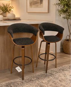 Modern Wood Fabric Heathered Black 360° Swivel Bar Stool with Low Back (Set of 2)