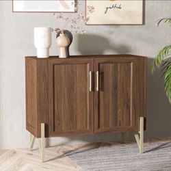 Roomfitters Walnut Finish Mid-Century Side Board/Credenza, Larder Cupboard with Gold Legs