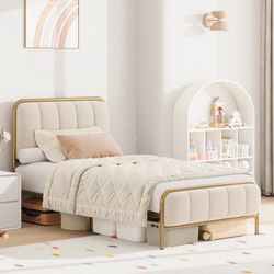 Twin Size Platform Bed Frame, Round Metal Tube Heavy Duty Bed Frame with Tufted Upholstered Headboard, Gold and Beige