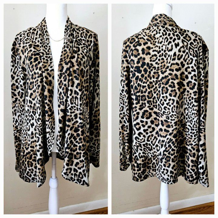 Size Large Apt 9 Tiger Leopard Print Open Front Long Sleeved Wrap Cardigan Sweater Shawl. 96% Polyester, 4% Spandex.

Pre-owned in excellent condition