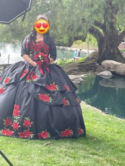 Black Quinceanera Ball Gown with Red Roses