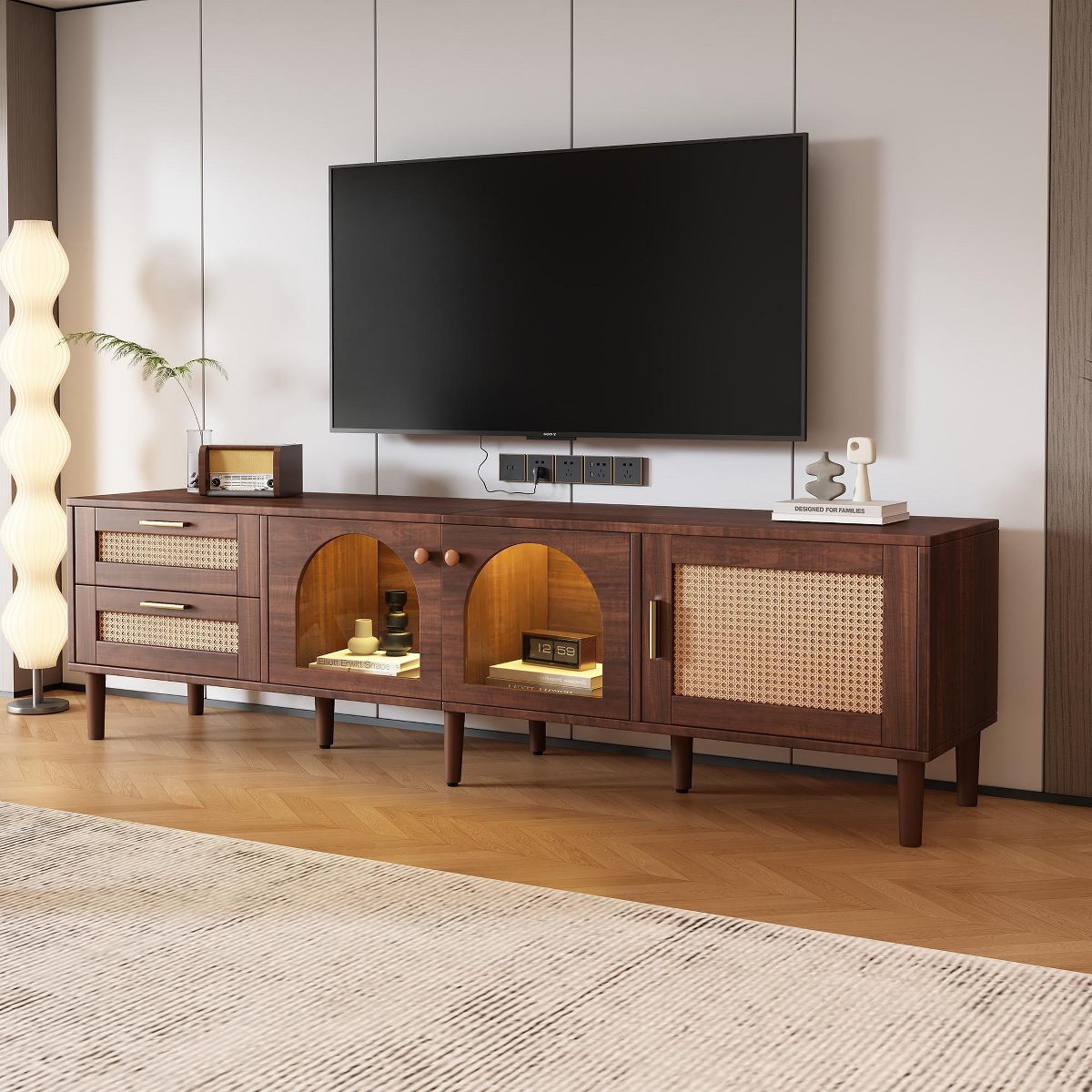70.8"W TV Stand, Media Console Table with Rattan Decor, 3 Cabinets & 2 Drawers, LED Light Entertainment Center for TVs up to 80'' - ModernLuxe $180  W