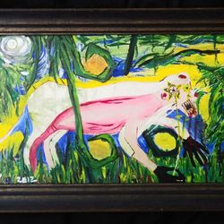 Pink Color Beast Painting Surrealist Artwork Signed