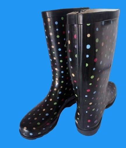 Merona Garden & Rain Boots Black With Rainbow Polka Dots Size 9.