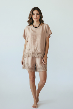 Women Outfits 2 Piece Set blouse and shorts with lace finishes and pockets.