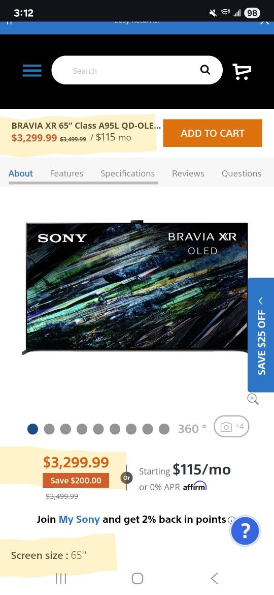Sony BRAVIA XR 65” Class A95L QD-OLED 4K HDR Google TV