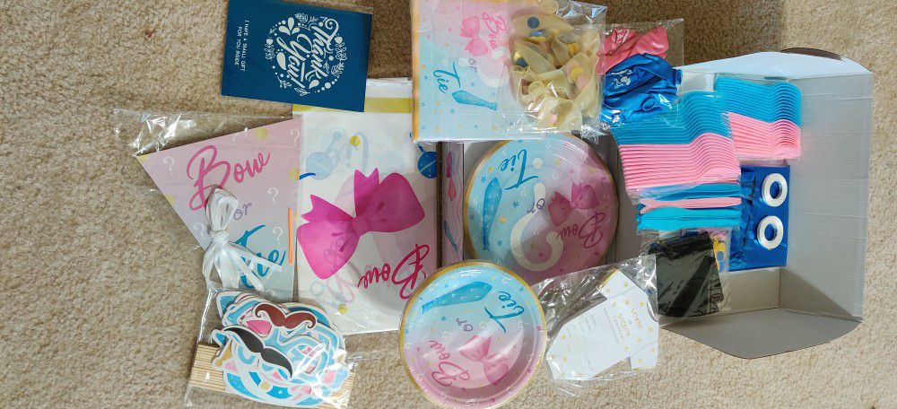 Baby Gender Reveal Party Supplies Kit (249 Pieces) for 24 Guests - DIY Gender Reveal Decorations Set Pink Bow and Blue Tie Design - Glossy Gender Reve