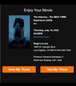 Odyssey IMAX 70mm Tickets (2) for Opening Night on Thursday 7/16 Regal LA Live