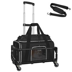 Petskd Top-Expandable Small Pet Carrier with Wheels (17" L x 11" W x 9.5" H), Alaska Airlines Approved, Rolling Pet Carrier for Small Dogs & Cats (Bla