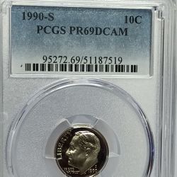 1990 S Roosevelt Dime  PCGS PR69DCAM #519 Transparent Pricing
