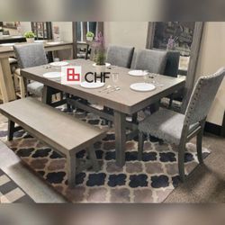 Wooden 6 Pc Dining Table Set With 4 Chairs And Bench