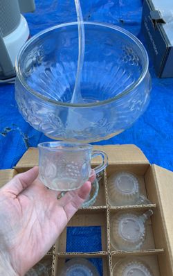 Gorgeous glass Punch Bowl and matching mugs