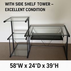 Glass Computerized Desk with Side Shelf Tower – Excellent Condition - (Cockeysville, MD)
