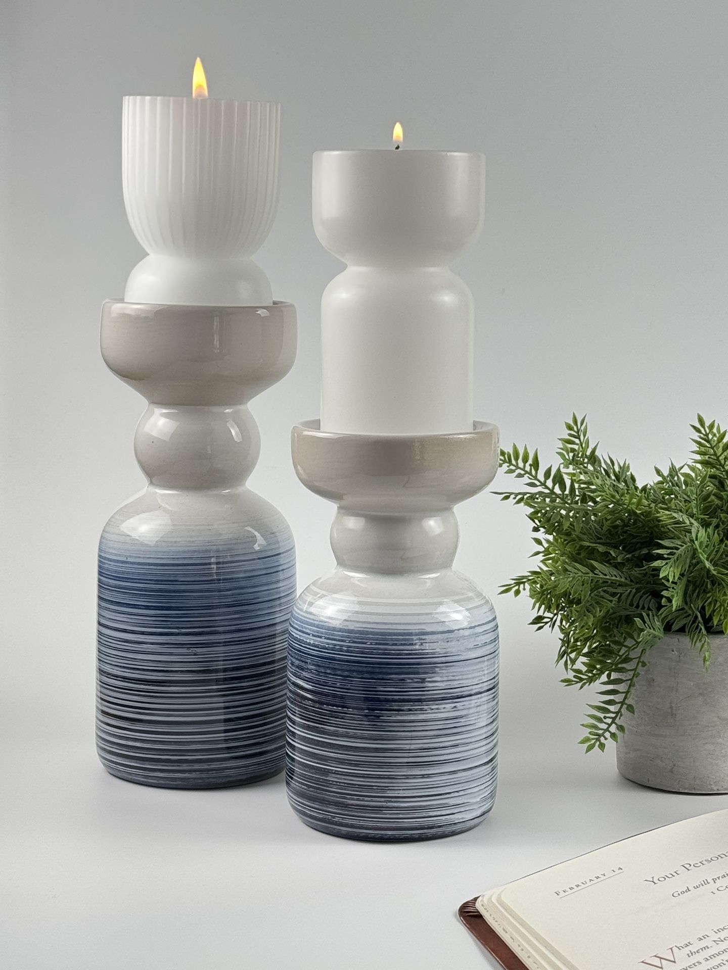 Ceramic Pillar Candle Holders Pair. Nautical Colors. Simple, Classy Style! 