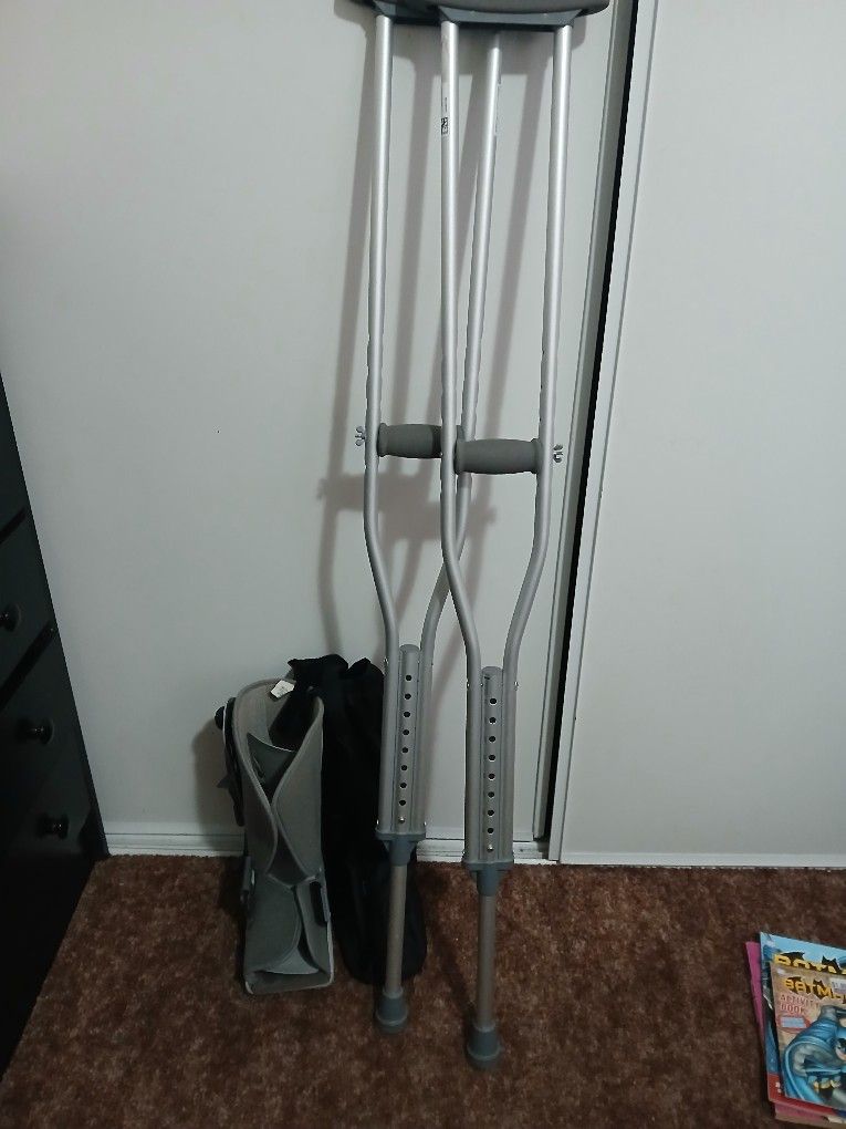 Medical Boot, Boot Cover, And Crutches
