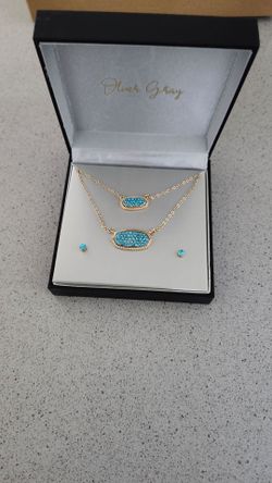 New Gold Color w Teal Jewlery Set with Earings