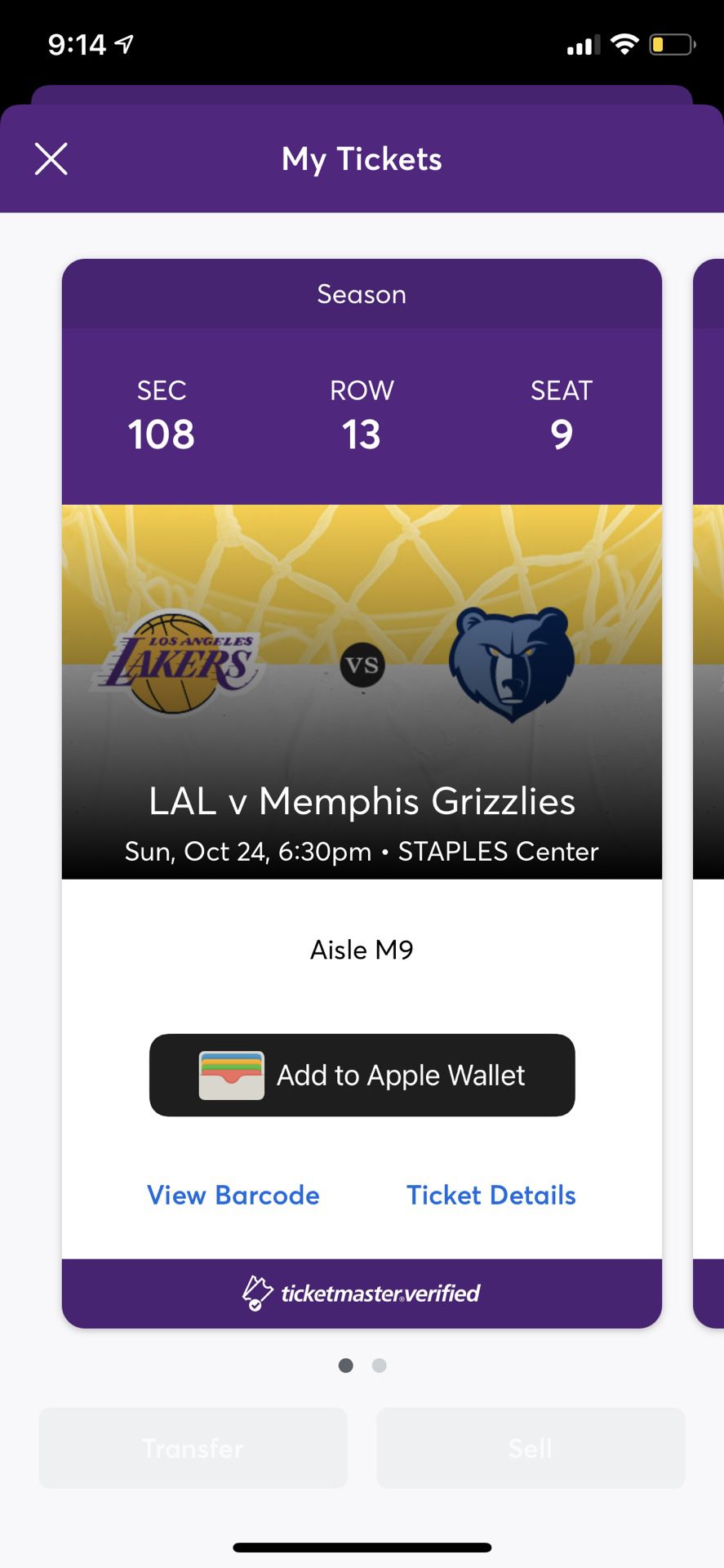 Lakers Grizzlies (October 24th) 2 Tickets Section 108 Row 13