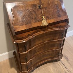 Antique Italian Burled Walnut Drop Down Front Secretary 3 Drawer Desk 