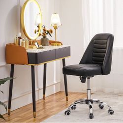 Mid Back PU Leather Armless Desk Office Chair, Modern Vanity Chair with Rolling Wheels, Metal Base Black