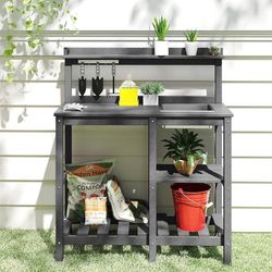 Potting Bench, HDPE Outdoor Potting Table with Sink, All-Weather Potting Benches for Outside, Gardening Table with Storage Shelf, Hook, for Garden, Pa