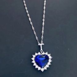 Blue Crystal Heart Pendant With Chain 