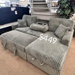 Elegant Gray 2-Pc Convertible Sectional Sofa With Fold-Down Table, Chaise Storage,  And Pullout Bed 