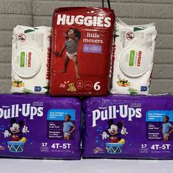 New Unopened Huggies Pull Up And Little Movers Baby Diapers And Wipe Bundle 