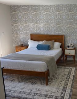 MidCentury Queen Bed with Mattress and Nightstands