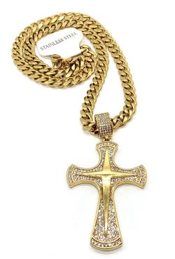 Necklace Stainless Steel 18K Gold Plated Cross With Cubic Zirconia, Width 9MM Size Length 24