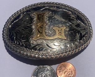Vintage Metal Belt Buckle, Silver and Brass, Initial L, Letter L, Collectors Silversmiths, Nice Western Design, 4" x 3", Heavy Duty, Quality, Thick Me