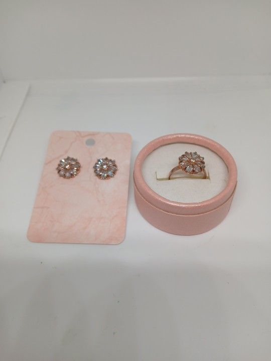 Set S925 Rose Gold Plated Blue Topaz Stud Earings Ring Size 7.5US