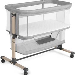 Bassinet Bedside Sleeper, Portable, Breathable, Adjustable Baby Bedside Bassinet for Peaceful Nights, Light Grey