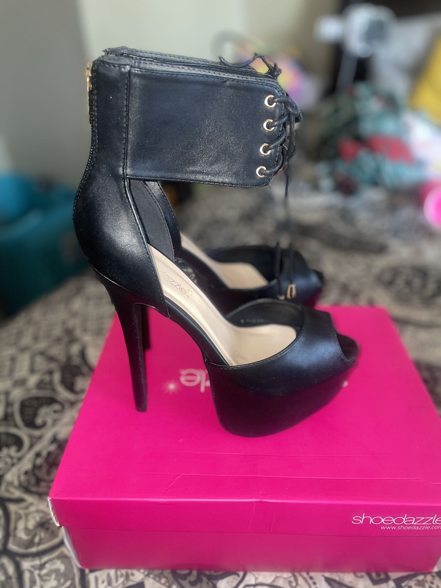 Elegant Black Lace-Up Heels