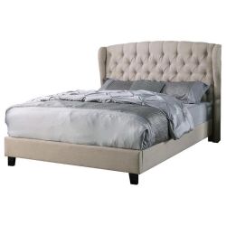 Beige King Bed - Modern Chic Style Platform Bed with Wingback design headboard