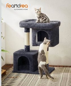 Cat Tree, 33.1-Inch Cat Tower, Plush Condo for Large Cats up to 16 lb, Large Perch, 2 Caves, Scratching Post, Smoky Gray UPCT61G