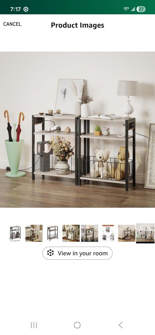 Narrow 2  Side Table with Charging Station, Small End Table for Small Spaces, Slim Nightstand with Storage Basket, 3 Tier Skinny Bedside Table 