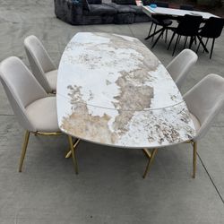 Modern Extendable Marble Top Dining Table with 4 Velvet Chairs