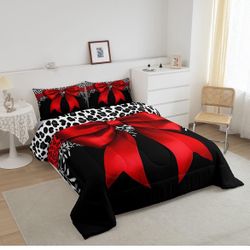 New  Leopard Bowknot Comforter Set Queen Size Cheetah Wildlife Bedding Set for Kids Girls Teens Adult Women, Girly Bow Quilt Bow Knot 2 Pillowcases