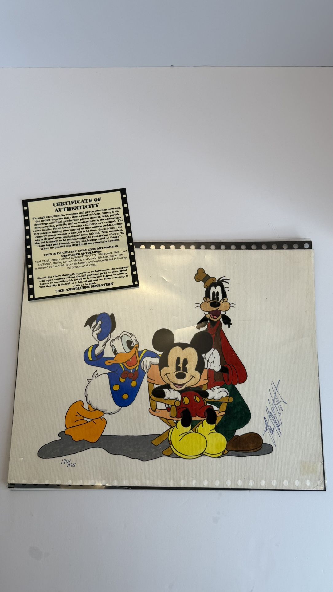 Disney Animation Cel “Just Us Three” Ltd 170/175 COA Mickey Donald Goofy 