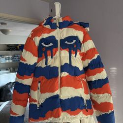 Blue Orange Graphic Puffer Jacket