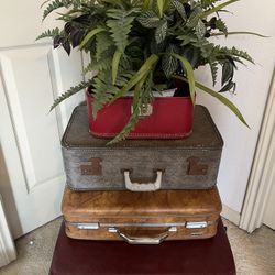 Stacked Retro Luggage Train Case Cosmetic Case And Greenery 