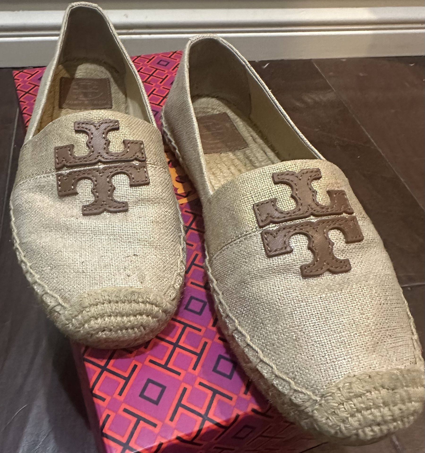 Tory Burch Weston Flat Espadrille Metallic Linen Fabric Calf Leather SZ 6.5 Tan